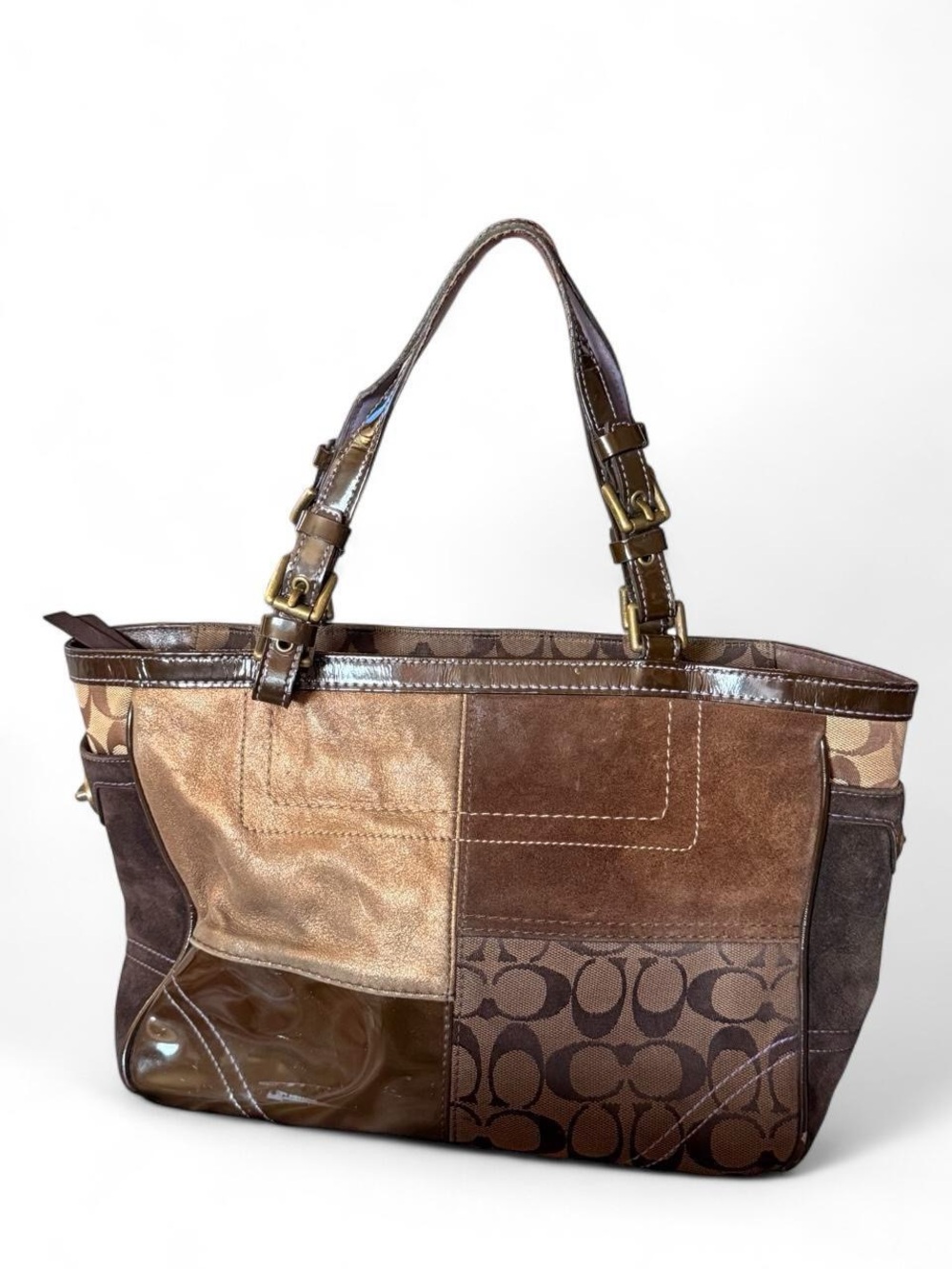Y2K Coach Patchwork Signature Tote in Brown & Tan